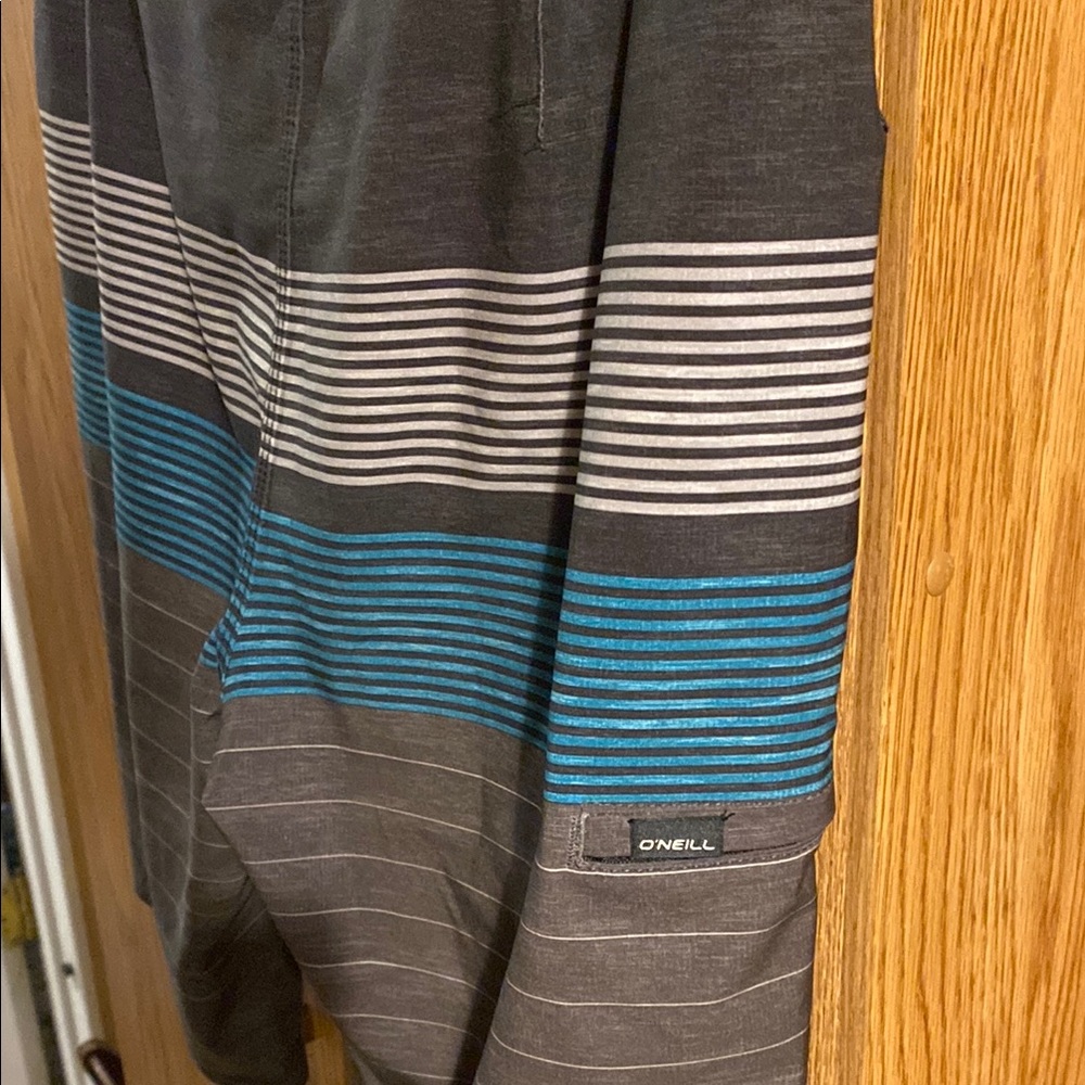 O'Neill Men's Striped Board Shorts - Black, Gray, and Blue